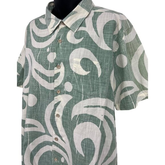 Quiksilver Size Large Mens Green White Abstract Hawaiian Aloha Button-Up Shirt - Picture 3 of 9